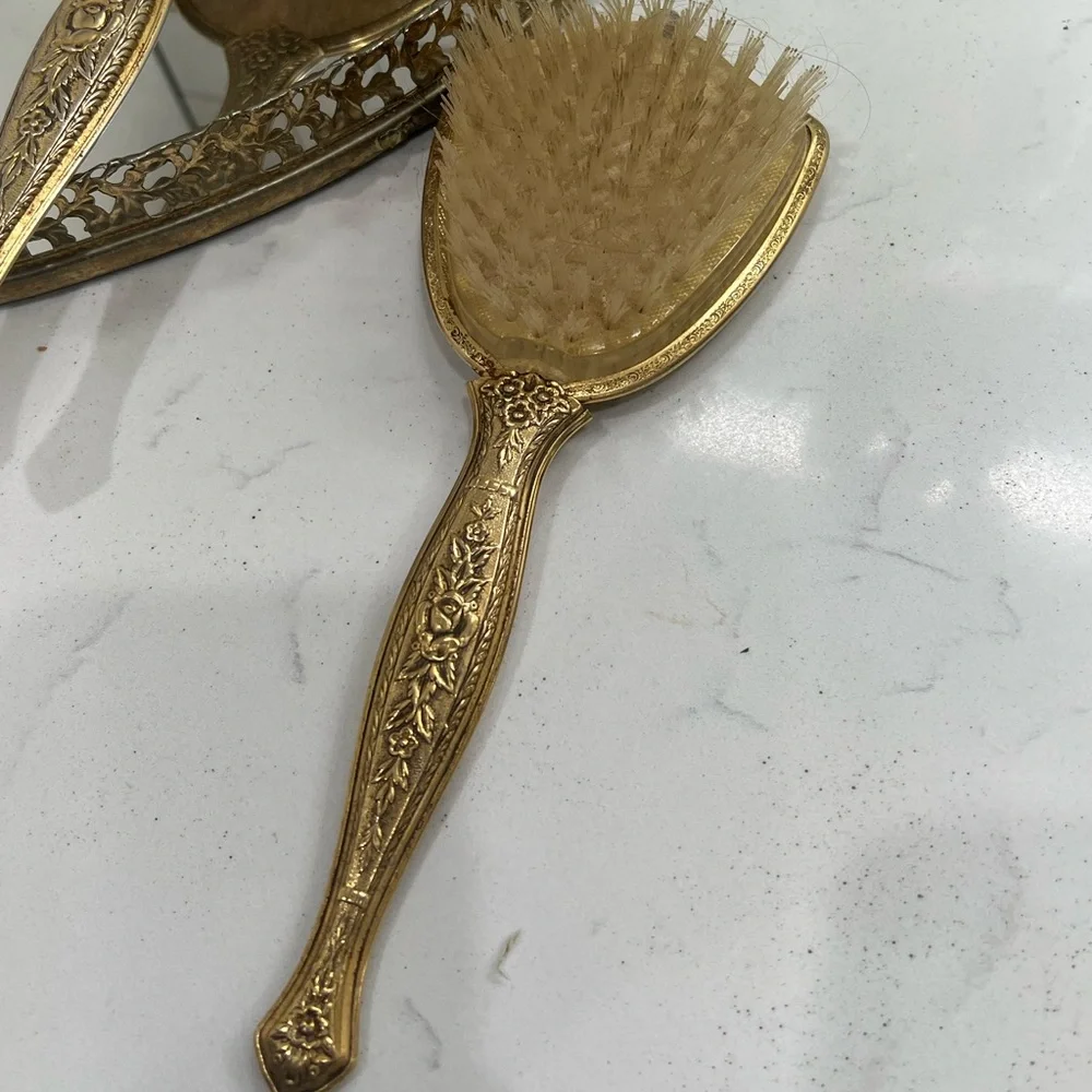 Gold Filigree Antique Vanity Hollywood Mirror Tray 4 Piece Set Victorian
